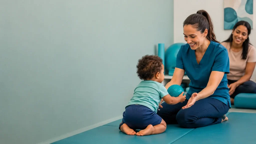 Play-based paediatric physiotherapy session in a bright room