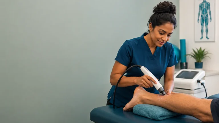 Physiotherapist using a treatment device in a clinical setting