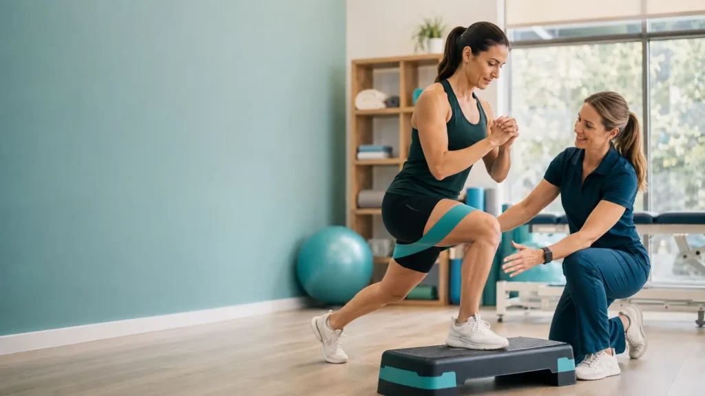 Sports injury rehabilitation session in a bright physiotherapy studio