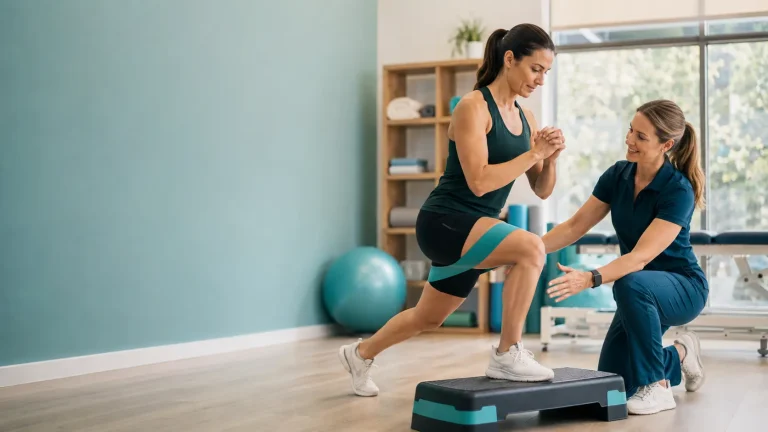 Sports injury rehabilitation session in a bright physiotherapy studio