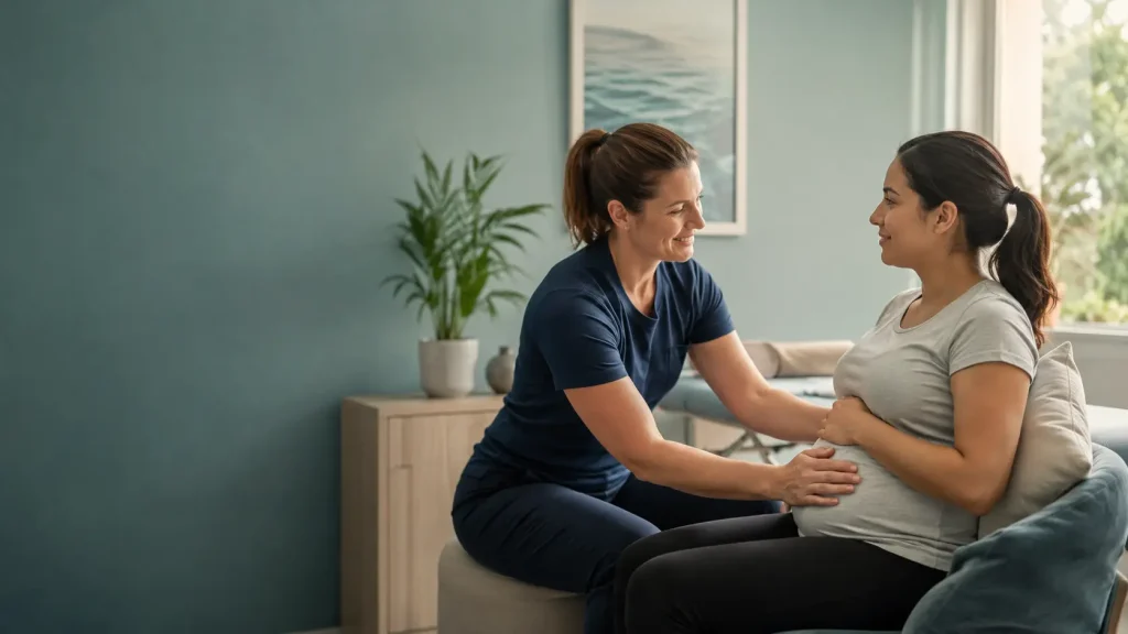 Calm and supportive women’s health physiotherapy consultation